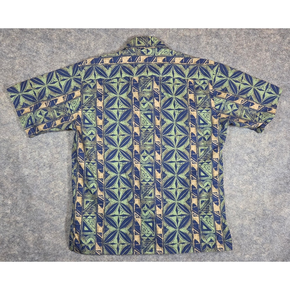 Tori Richard Honolulu Mens Medium Blue Green Tribal Geometric Cotton Aloha Shirt - Picture 8 of 9